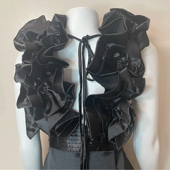 Black satin deep V-neck high low ruffle dress - Picture 11 of 13